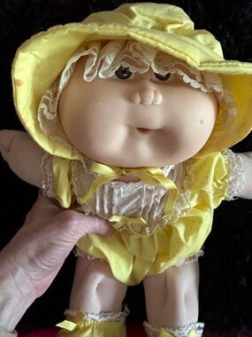 Yellow Vintage-Style Baby Doll with Lace Bonnet